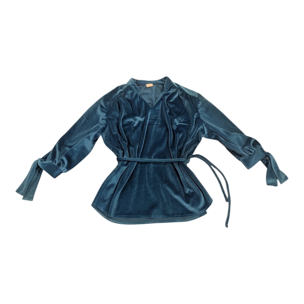 Montgomery Ward 70s Vintage Women's Teal Velour Mid Sleeve Top - Sz M/L